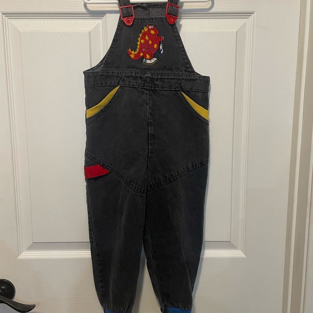 Vintage Buster Brown Dinosaur Overalls Black Denim 4T Made in USA